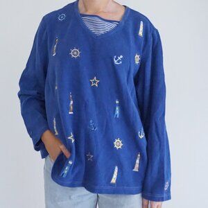 Vintage Breckenridge Blue Cotton Sweater Anchors Lighthouses Coastal 2X